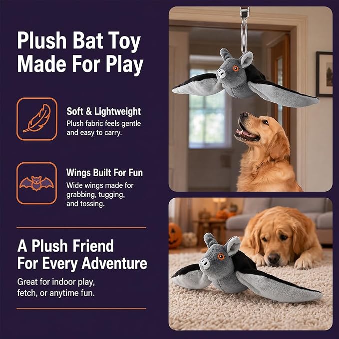 Flapping Bat Dog Toy, Flying Bat Toy for Dogs & Cat with Chirping & Flapping Wings, Interactive Rechargeable Bat Toy, Hanging Solo Play & Wand Compatible，2PCS