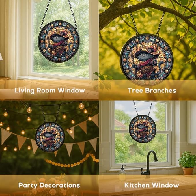 Stained Glass Window Hanging， Black Cat on Branch 11.8in Sun Catchers Indoor Window， Core Decor Inside and Outside The Cottage， Gifts for Women， Gothic Decor， Halloween Decor， Autumn Leaves