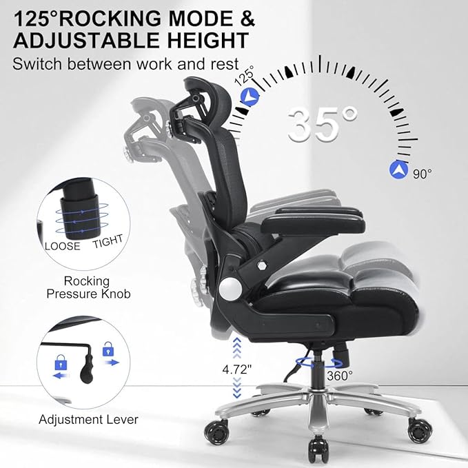 Ergonomic Office Chair:PU Leather Executive Office Computer Desk Chair with High Back Mesh and Adjustable Lumbar Support Rolling Work Swivel Task Chairs Home Meeting Computer Gaming Desk Chair-500Lbs