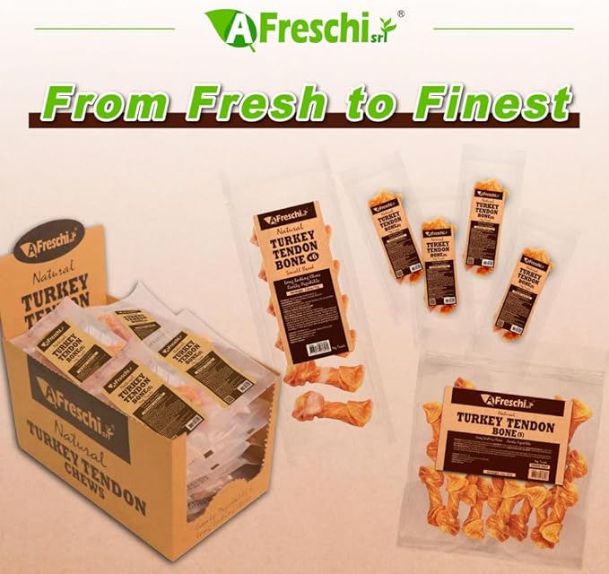 AFreschi Turkey Tendons for Dogs, USA-Sourced, Healthy Dog Treats, Rawhide-Free Puppy Chews, Long Lasting, All Natural, Hypoallergenic Dog Treats for Small Breeds, 6 Count Pack Bone (S)