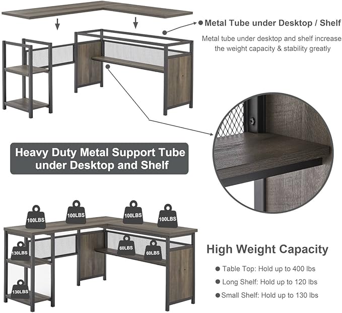FATORRI L Shaped Desk, Industrial Reversible Home Office Computer Desk with Wood Shelves, Corner Desks with Metal Legs (Walnut Brown, 59 Inch)