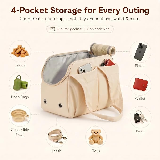 Fashion Dog Purse Carrier for Small Dogs, Soft-Sided Dog Bag Carrier with 4 Large Pockets, No Collapse, Lightweight, Smart Zipper Lock, Comfortable Puppy Cats Rabbit Carrier for Travel,Outdoor(Beige)