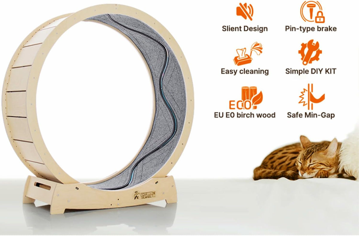 Star Cat Wheel, Cat Treadmill, Exercise Wheel for Running, Spinning, Scratching, and Climbing for Indoor Cats, Premium Birch Wood, Eco-Friendly, Moving Fish, Wide Running Track, 41.7 inch L Size