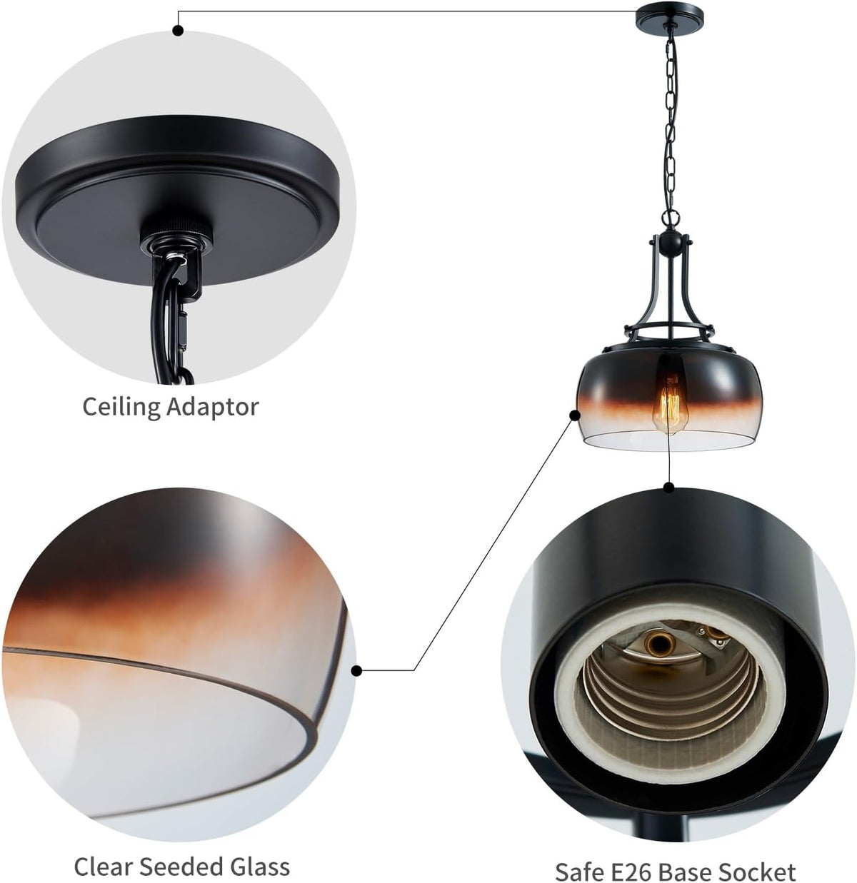 WUZUPS Chandelier Rustic Farmhouse Industrial Round Ceiling Pendant LED Light Fixture with Amber Gradient Black Glass Shades for Dining Room Kitchen Island Foyer Entryway, H 17" x W 13.4", E26 Base