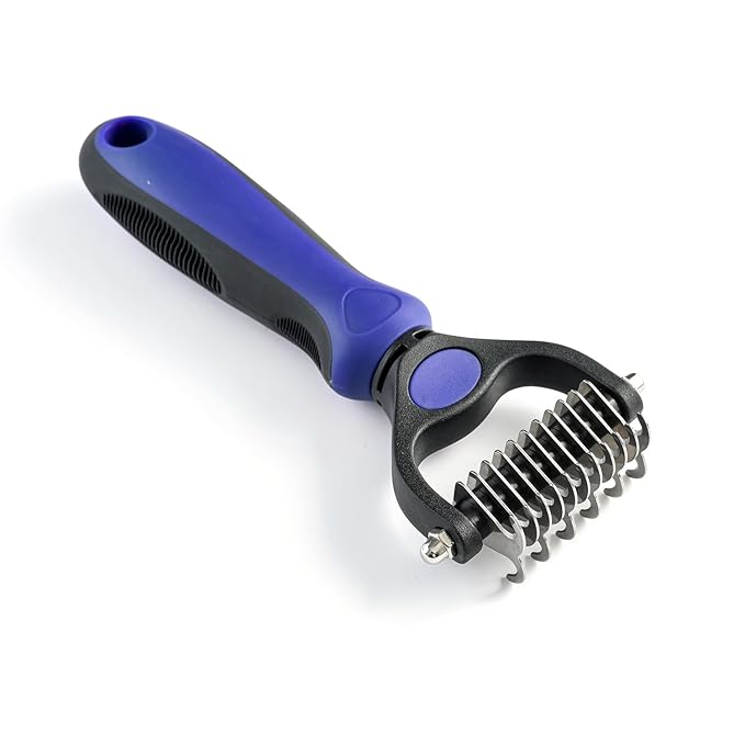 WePet Grooming Rake for Dogs & Cats, Double-Sided Deshedding Brush, Extra-Wide Dematting Tool, Slicker Comb for Undercoat & Loose Hair Removal, Reduces Shedding by 95%, Blue, Small