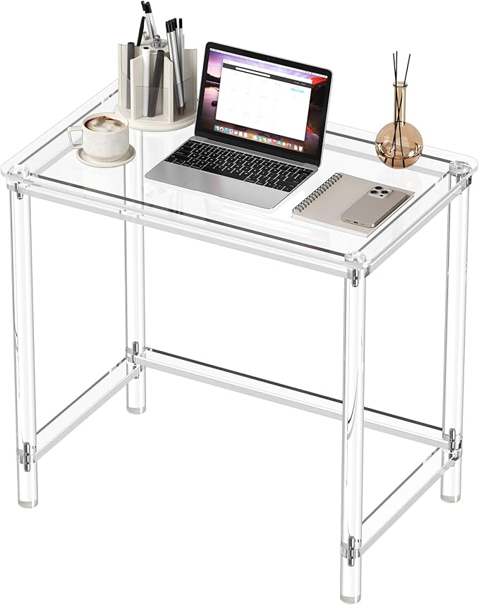 HMYHUM Acrylic Computer Desk, 32 Inch Clear Office Desk for Small Spaces, Study, Writing, Vanity Table with Cylindrical Legs, Modern, Easy Assembly