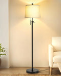 Floor Lamps for Living Room, Black Floor Lamp Adjustable Height Standing Lamp, Dimmable Modern Tall Floor Lamp for Bedroom Office with Beige Linen Shade, 8W 3000K Bulb Included