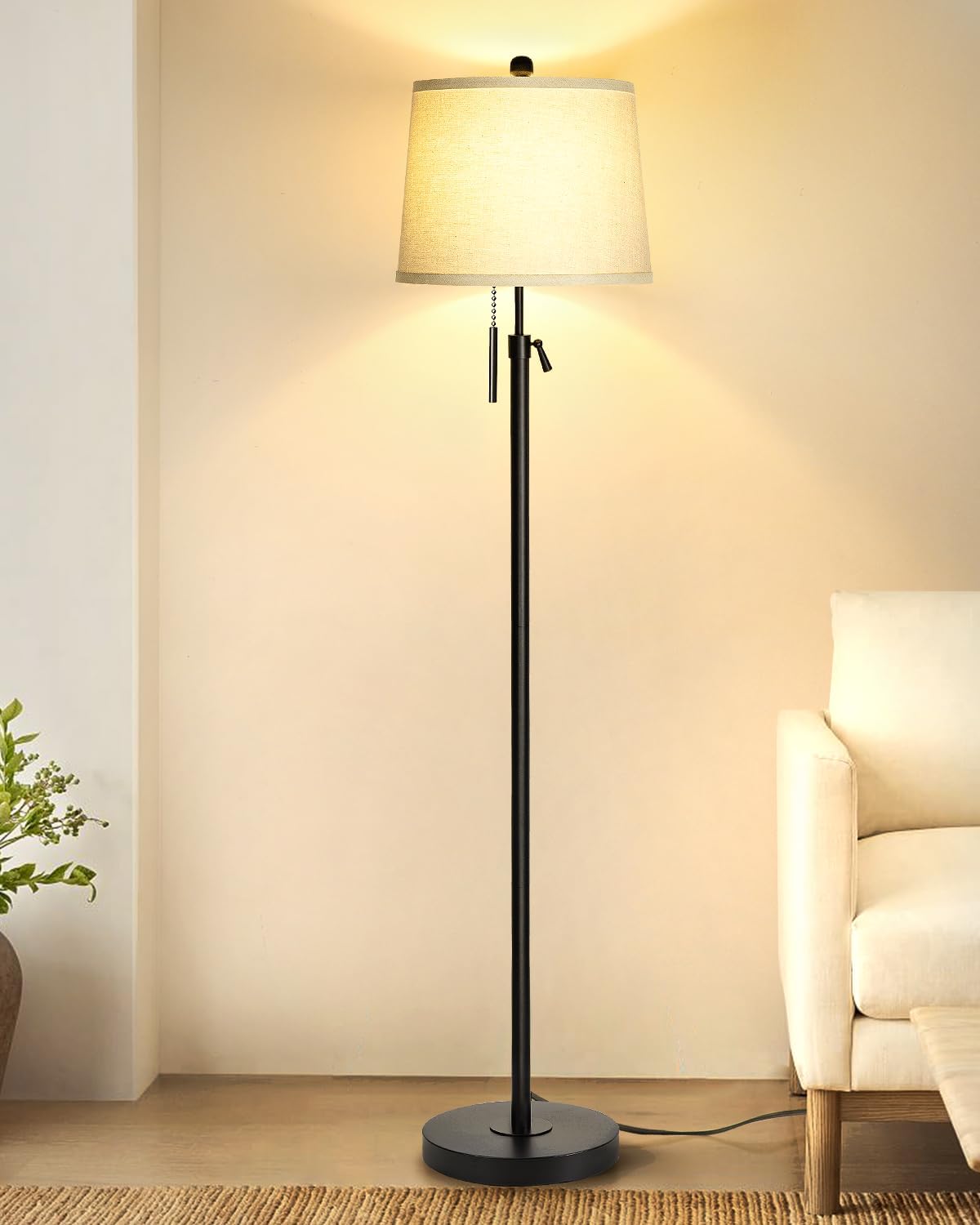 Floor Lamps for Living Room, Black Floor Lamp Adjustable Height Standing Lamp, Dimmable Modern Tall Floor Lamp for Bedroom Office with Beige Linen Shade, 8W 3000K Bulb Included