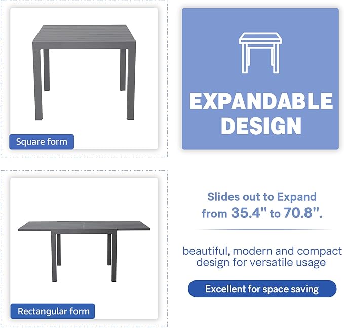 Soleil Jardin Aluminum Patio Extendable Dining Table, 35" - 71", Adjustable Indoor Outdoor Furniture Rectangle Table for 4-6 Person Porch Deck Garden,Dark-Grey