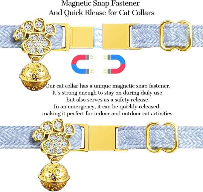 Personalized Breakaway Cat Collars - Magnetic Buckle, Bell - Safety Quick Release, Customized for Girls & Boys Cats- (Herringbone-Sky Blue)
