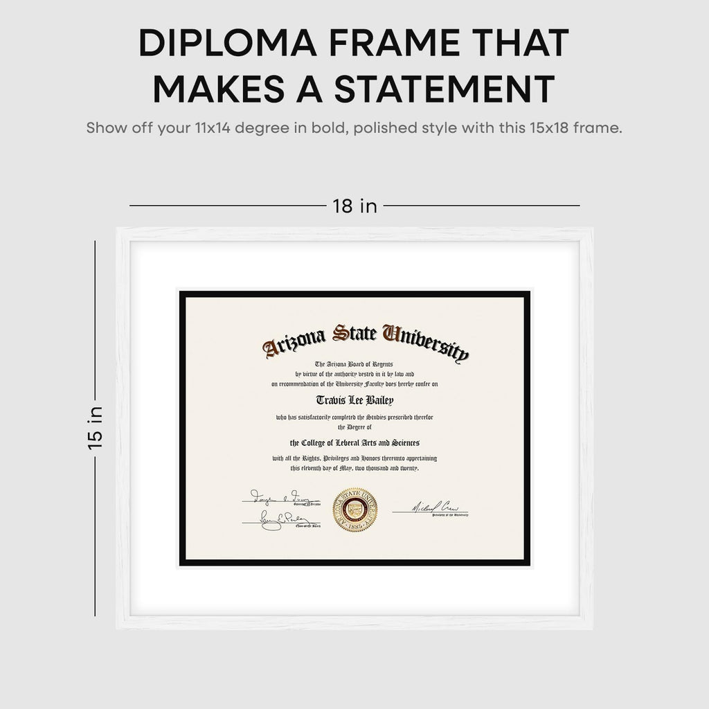 Homeforia 15x18 Diploma White Wood Frame, High End Oak 15 x 18 Certificate Frames with Mat 11 x 14, 15by15 Document Frame Matted to 11by14, Graduation Wooden Frames, Tempered Glass, Wall Kit, Set of 1