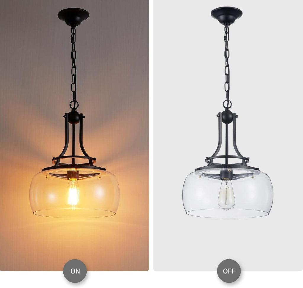 WUZUPS Chandelier Rustic Farmhouse Industrial Round Ceiling Pendant LED Light Fixture with Clear Glass Shades for Dining Room Kitchen Island Foyer Entryway, H 17" x W 13.4", E26 Base, Black