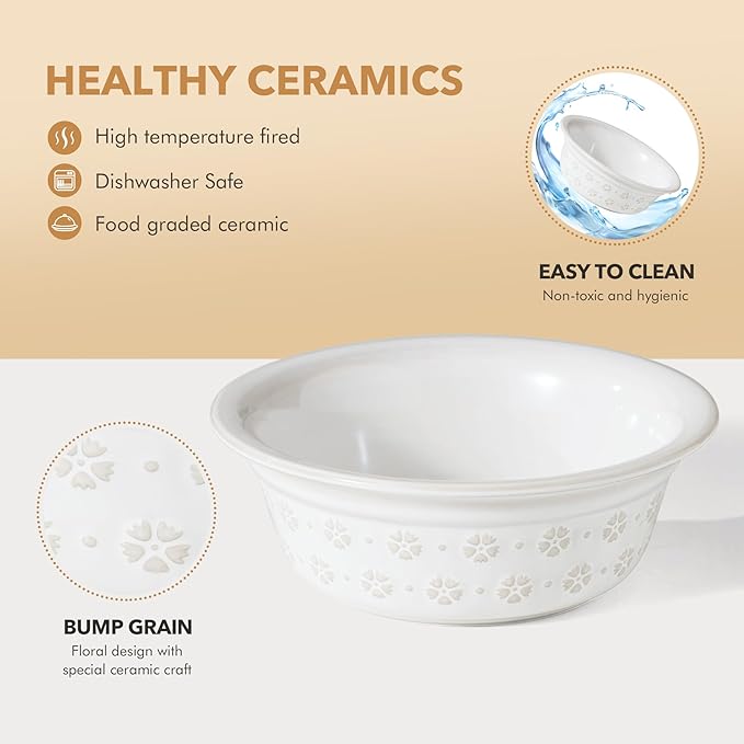8.7inch Ceramic Adjustable Raised Double Bowls Set with Stand, 3 Heights Elevated, 2 Placement Options, Food and Water Dishes for Large Dog(Double Bowls+Stand, Reactived Glaze -White)