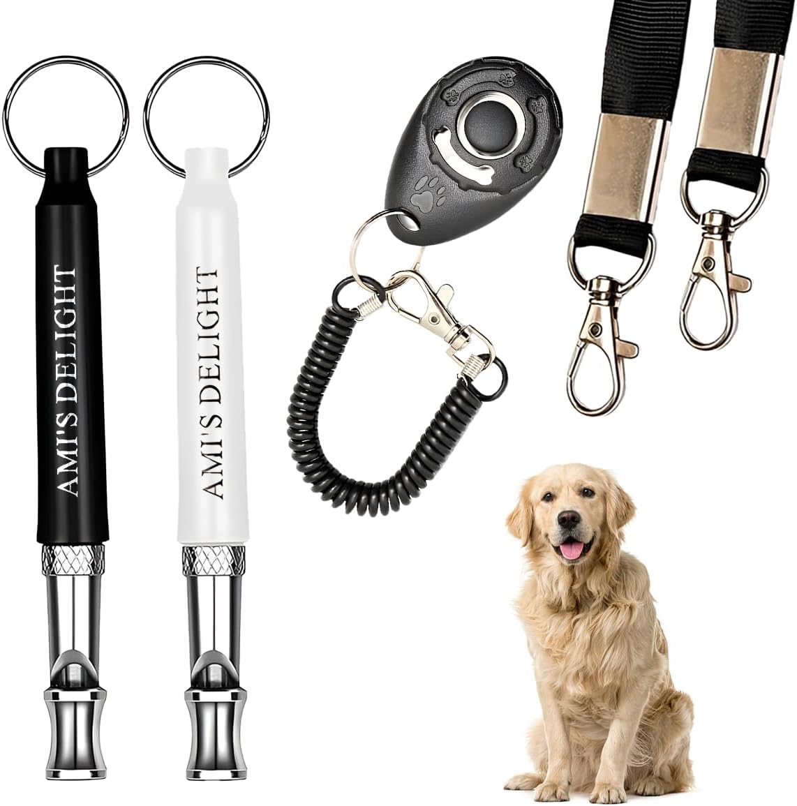 Ami's Delight Dog Whistle Set of 5 | 2PCS Premium Quality Adjustable Dog Whistles with 2 Black Lanyards and a Dog Clicker | Ultrasonic Dog Whistle to Stop Barking Neighbors Dog