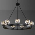 Black Wagon Wheel Chandelier, 36 Inch Black Chandeliers with Unique Glass Shade, 9-Light Crystal Farmhouse Wagon Wheel Chandeliers for Dining Room, Round Chandelier for Living Room, Foyer, Entryway