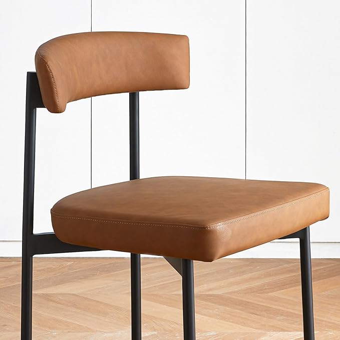Brown Faux Leather Dining Chairs Set of 4, Armless Upholstered Kitchen Chair,Modern Dining Room Chair with Curved Backrest