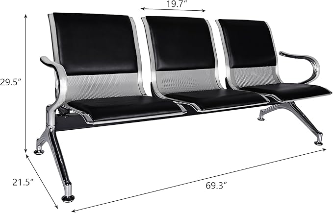 Kinfant 3-Seat Waiting Room Bench Set - PU Leather Office Chair Guest Reception Waiting Room Chair for Airport, Hospital, Bank, Salon, Barbershop, Black(Set of 3)