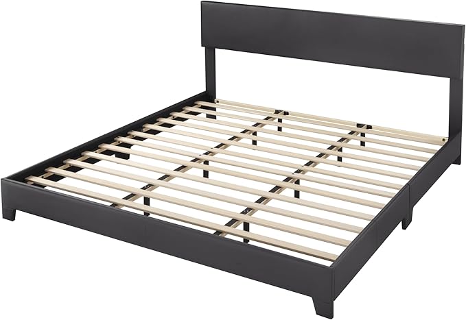 Allewie King Size Bed Frame with Adjustable Headboard, Faux Leather Platform Bed with Wood Slats, Heavy Duty Mattress Foundation, No Box Spring Needed, Noise-Free, Easy Assembly, Black