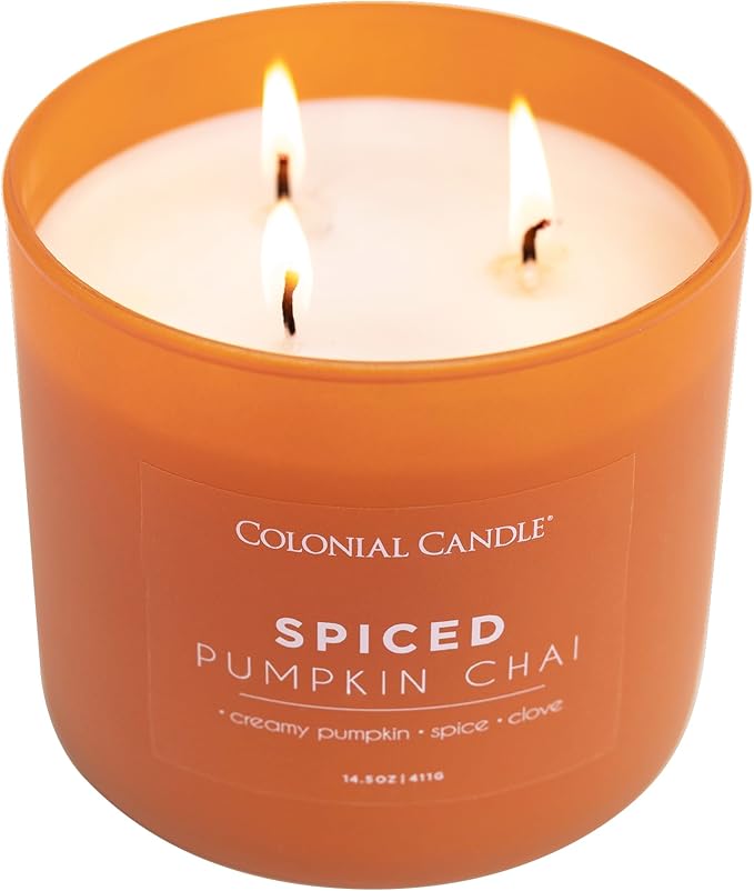 Colonial Candle Spiced Pumpkin Chai Scented Jar Candle, Pop of Color Collection, 3 Wick, 14.5 oz - Up to 60 Hours Burn
