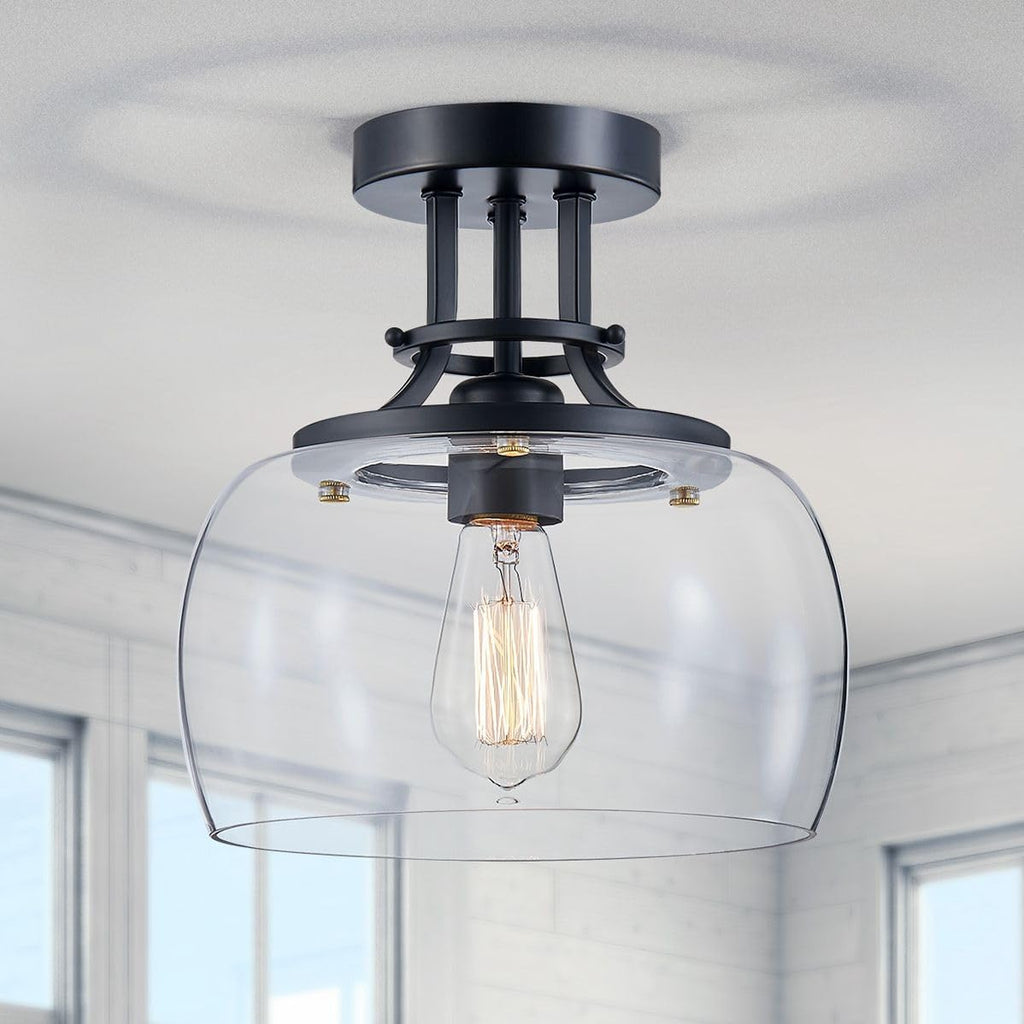 WUZUPS Chandelier Rustic Farmhouse Industrial Round Semi-flushmount Ceiling LED Light Fixture with Clear Glass Shades for Bathroom Kitchen Foyer Entryway, H 10" x W 10", E26 Base, Black