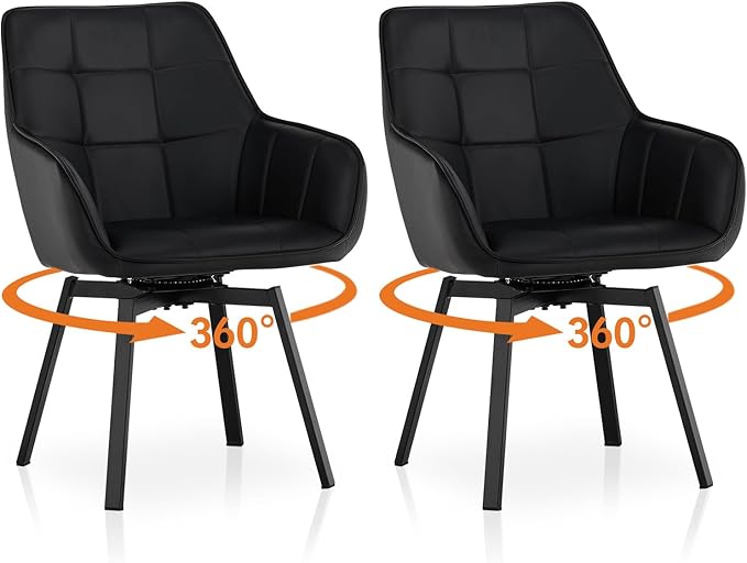 TUKAILAi Swivel Dining Chairs Set of 2, PU Armchairs Upholstered Accent Dining Chairs with Metal Legs, Rotatable Desk Chair for Home Office Kitchen Chair Restaurant (Black)