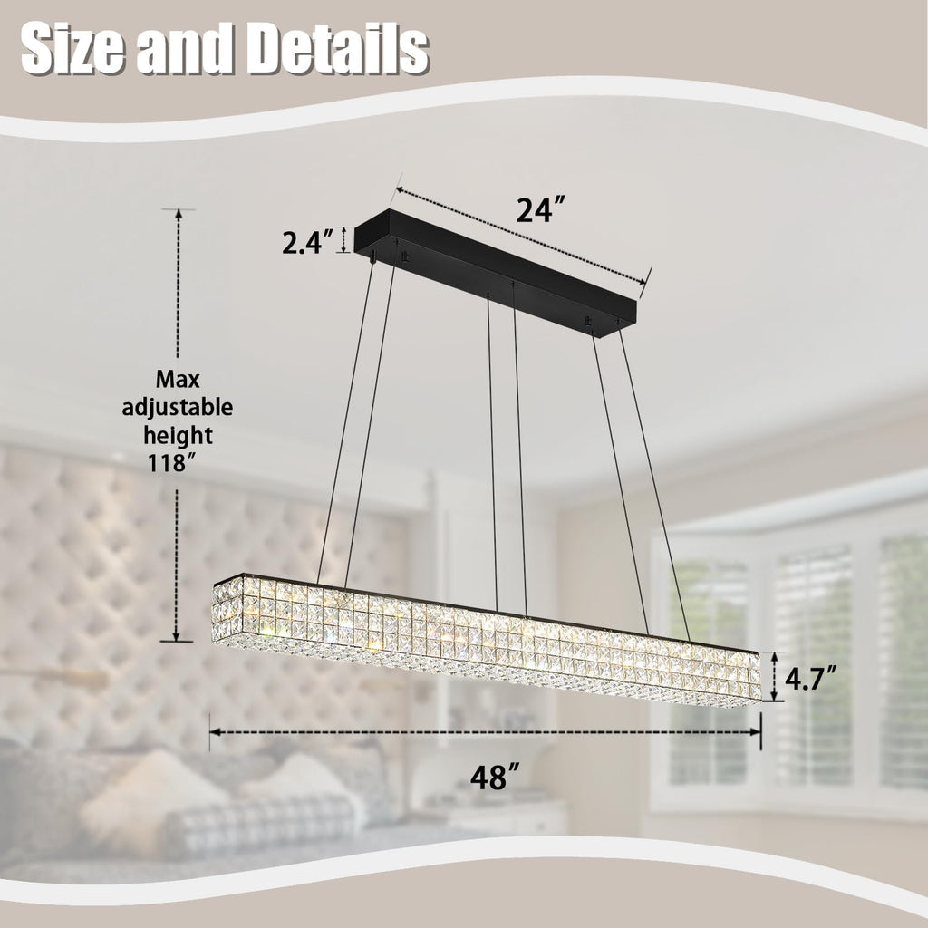 W48 Black Chandeliers for Dining Room, Modern Crystal Pendant Lights Fixture Farmhouse Hanging Dining Light Fixtures for Kitchen Island, Living Room, Bedroom