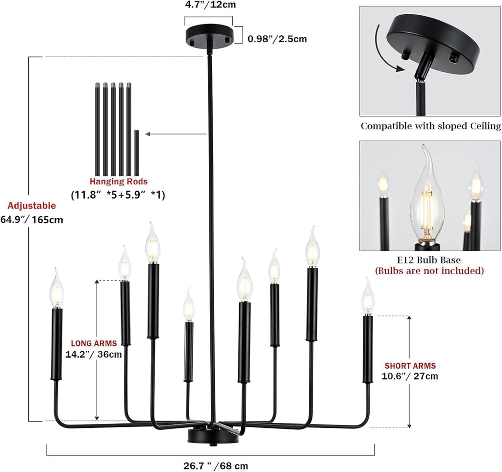 Modern Black Farmhouse Chandeliers, 8-Light Industrial Metal Chandelier Lighting, Classic Candle Hanging Pendant Light Fixtures for Kitchen Bedroom, Dining Room, Living Room,Foyer