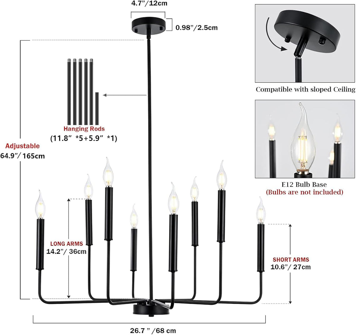 Modern Black Farmhouse Chandeliers, 8-Light Industrial Metal Chandelier Lighting, Classic Candle Hanging Pendant Light Fixtures for Kitchen Bedroom, Dining Room, Living Room,Foyer
