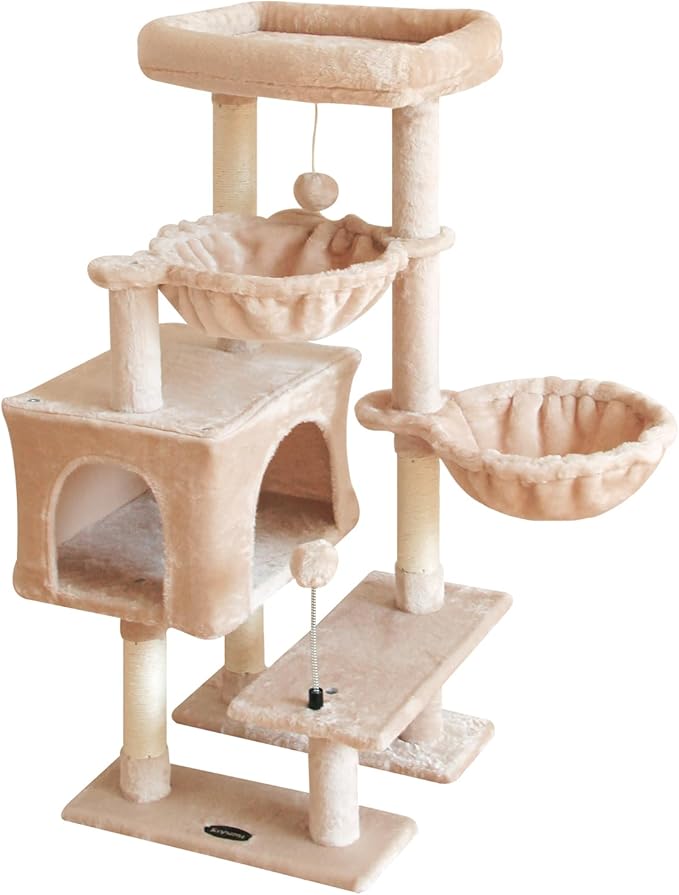 KIYUMI Cat Tree Cat Tower Condo with Sisal Scratching Post for Indoor Cats Cat Tree Cat Furniture with Hammock Perch and Kitten Ball Toys, Multi-Level Pet Activity Center Beige