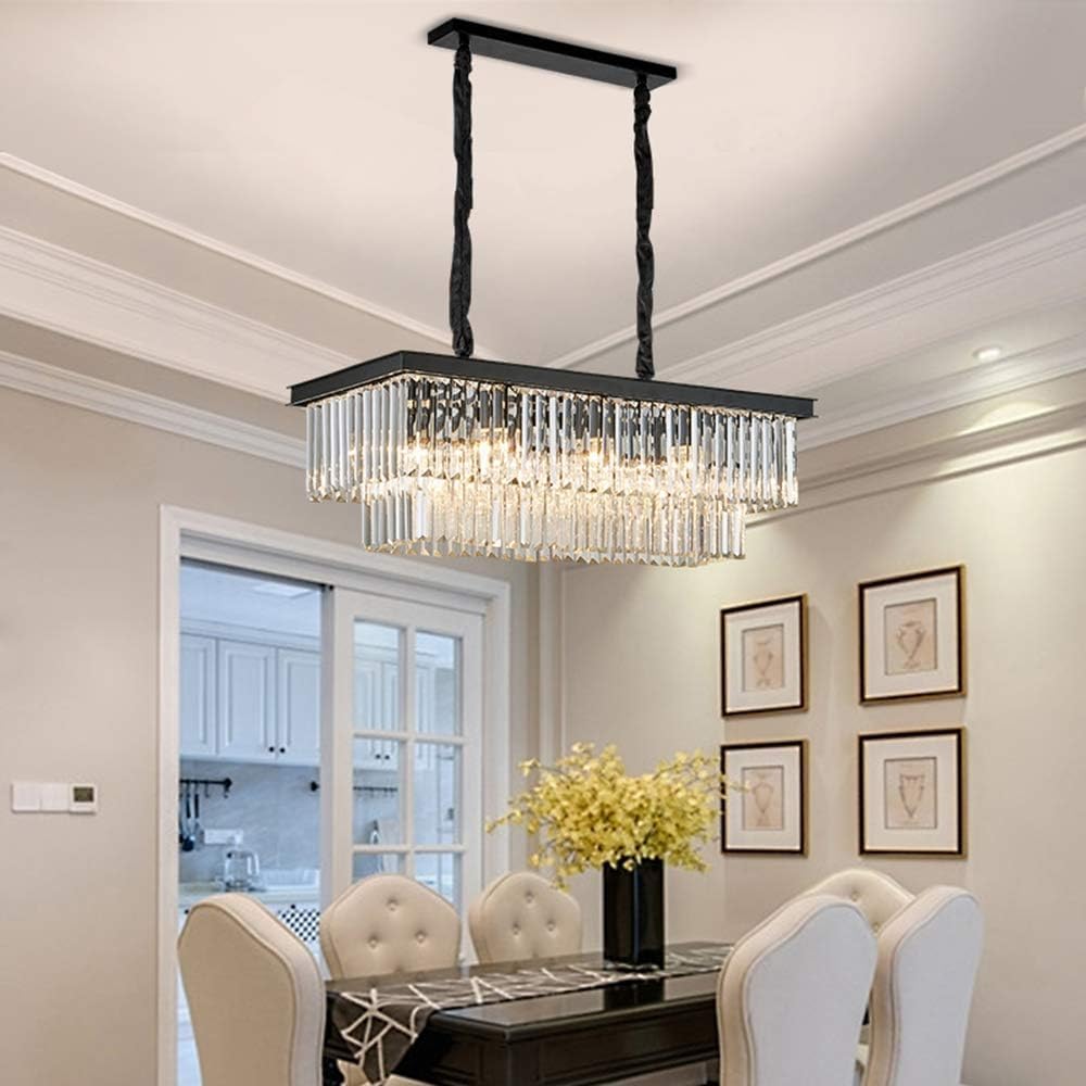 Modern K9 Crystal Chandelier Pendant Light Fixture, Rectangular Ceiling Lamp with 8-Lights for Dining Room & Kitchen, Finished in Chrome, L33.5 Inch