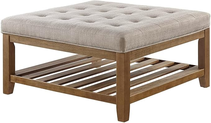 24KF Large Square Upholstered Tufted Linen Ottoman Coffee Table, Large Footrest Ottoman with Solid Wood Shelf-Linen