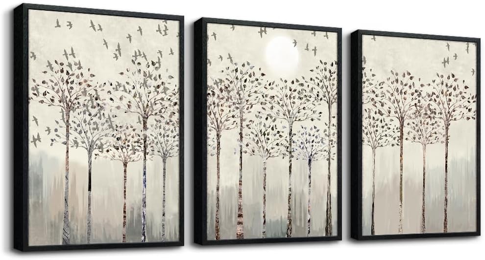 Black Framed Wall Art for Living Room Bedroom Wall Decor office Wall Decorations trees and birds Abstract Wall Paintings Sunrise and sunset Wall Pictures Artworks Modern 3 Piece Framed Prints Art