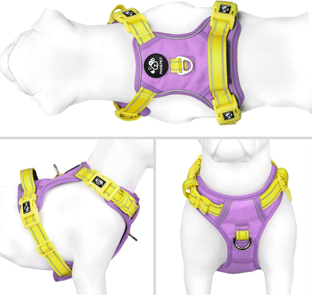 PHOEPET No Pull Dog Harness, Unique Colors Reflective Adjustable Dog Vest, with Soft Training Handle Metal Clips for Small Medium Large Dogs (Baby Purple Base & Yellow Straps,XL)