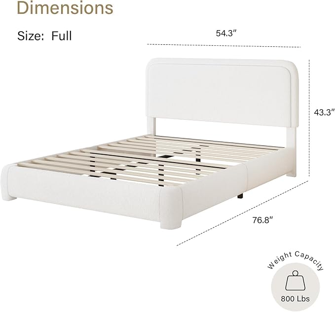BarnFurin Full Size Bed Frame,Cloud Boucle Upholstered Platform Bed Frame with Headboard, Modern Style, Soft Rounded Corners, No Box Spring Required, Easy Assembly, White