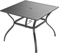 PHI VILLA 37" Metal Steel Slat Patio Dining Table Square Backyard Bistro Table Outdoor Furniture Garden Table, 1.57” Umbrella Hole, Black