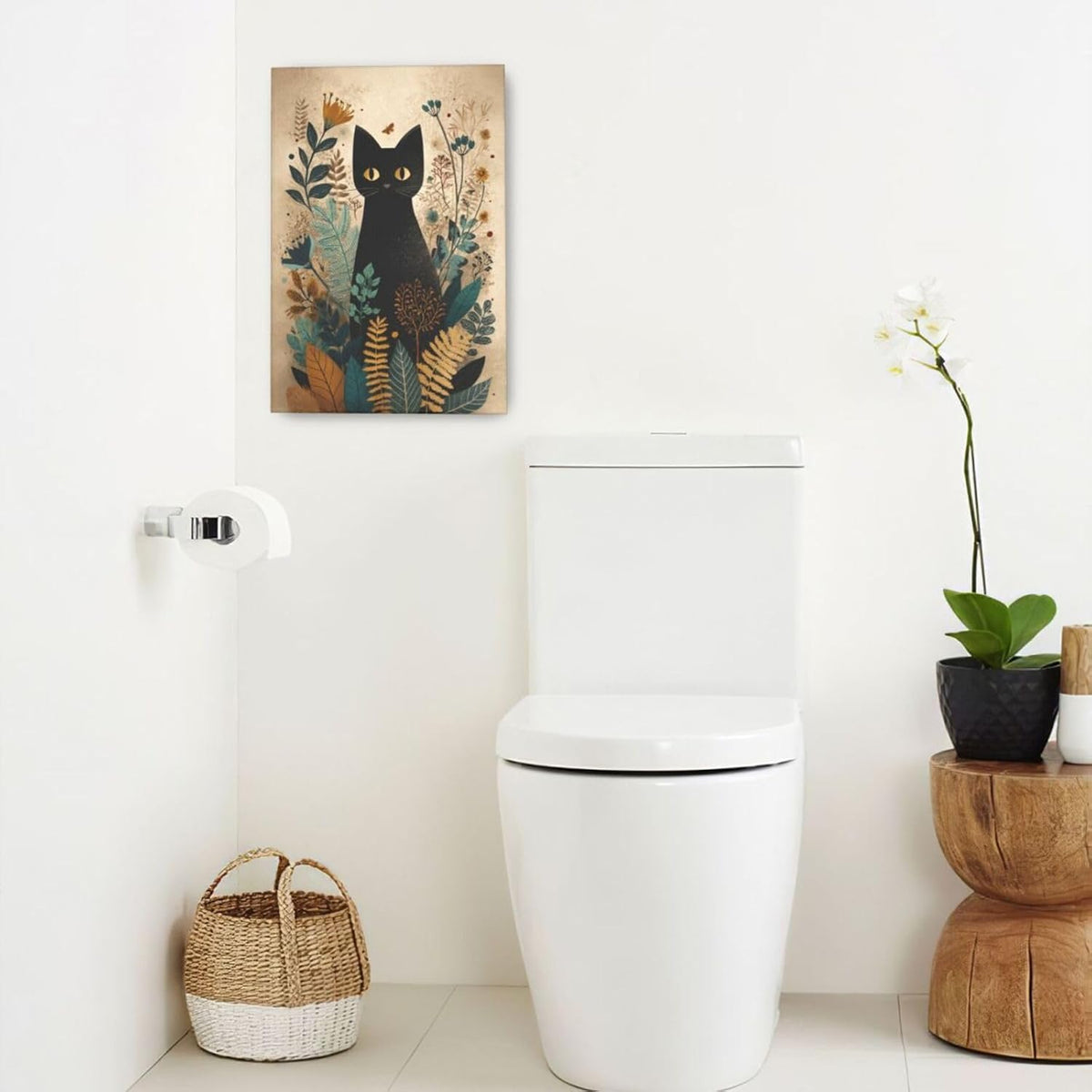 Boho Black Cat Wall Art Kitten Botanical Wall Decor Mid Century Modern Canvas Painting Print Minimalist Pictures Artwork Framed Decorations Gifts for Cat Lover Bathroom Nursery Living Room Bedroom Kitchen 16"x24"