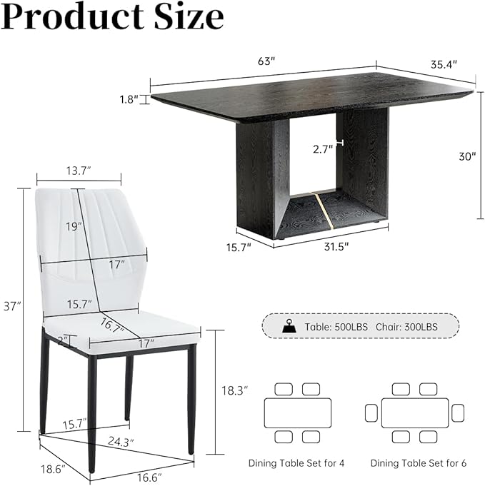 63" Modern Black Dining Table Set for 4 with Chairs, 5 Piece Rectangular Dining Room Table and 4 PU Leather Chairs, Kitchen Dining Set with Matte Wood Finish, Geometric Base, Easy Assembly