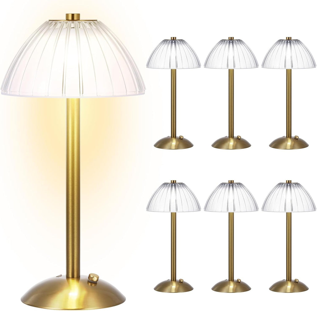 Liliful 6 Pcs LED Portable Cordless Table Lamp Touch Battery Operated Rechargeable Desk Lamp 3 Color Dimmable for Bedroom Living Room Dining (Mushroom Style,Gold)