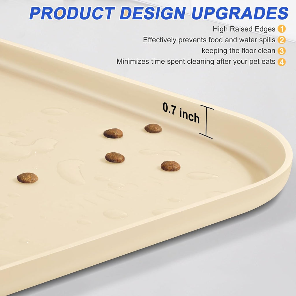Silicone Pet Feeding Mat with Raised Edge for Food and Water, Dog Bowl Mats, Cat Bowls Placemat with High Lip for Floor Waterproof, Rubber Tray for Cats and Dogs 19 x 12 x0.7 White Sand