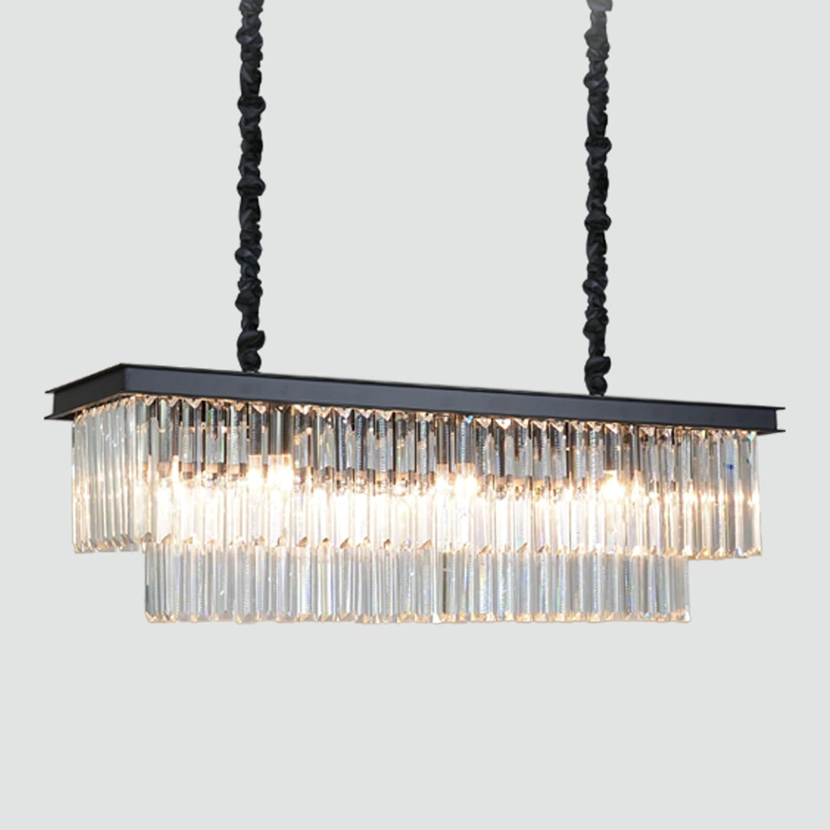 12-Lights Modern Rectangular Crystal Chandeliers Rectangle Contemporary Linear Pendant Ceiling Light Fixture for Kitchen Island Dining Room Bar, Black 47 Inch