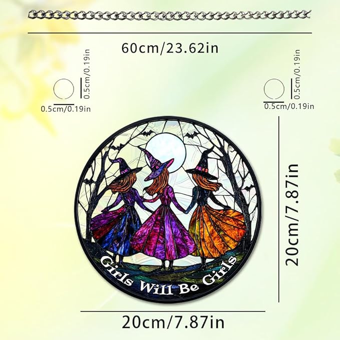 Halloween Sun Catcher - 8 Inch Round Suncatcher for Window Hanging Decoration - Creates Indoor Rainbows Light Refraction - Spooky Ghost, Witch, Pumpkin Design - Suction Cup Hook & Chain
