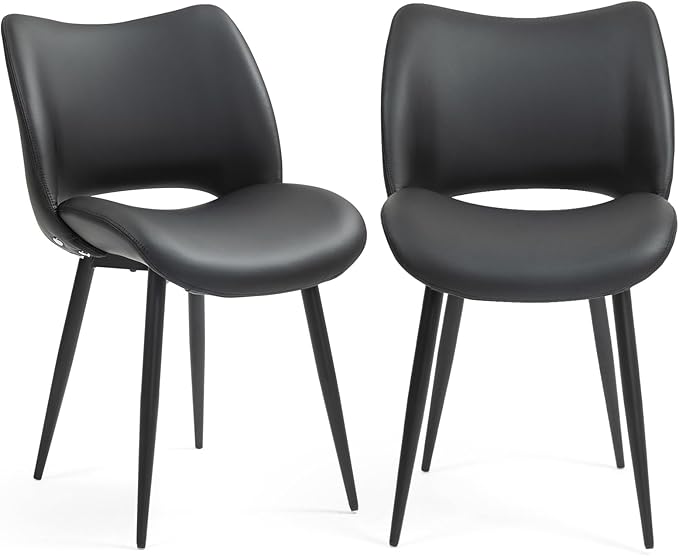 Modern Upholstered Dining Chairs Set of 2 Accent Dinner Chair with Pu Faux Leather and Middle Curved Back for Kitchen Living Room Bedroom (Black)