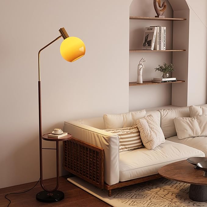 MIXL-Rustic Floor Lamp with Table,Glass Shade Floor Light with Foot Switch,Art Deco Bedside Reading Lamp,Mid Century Modern Standing Lamp for Study Room Office and Corner