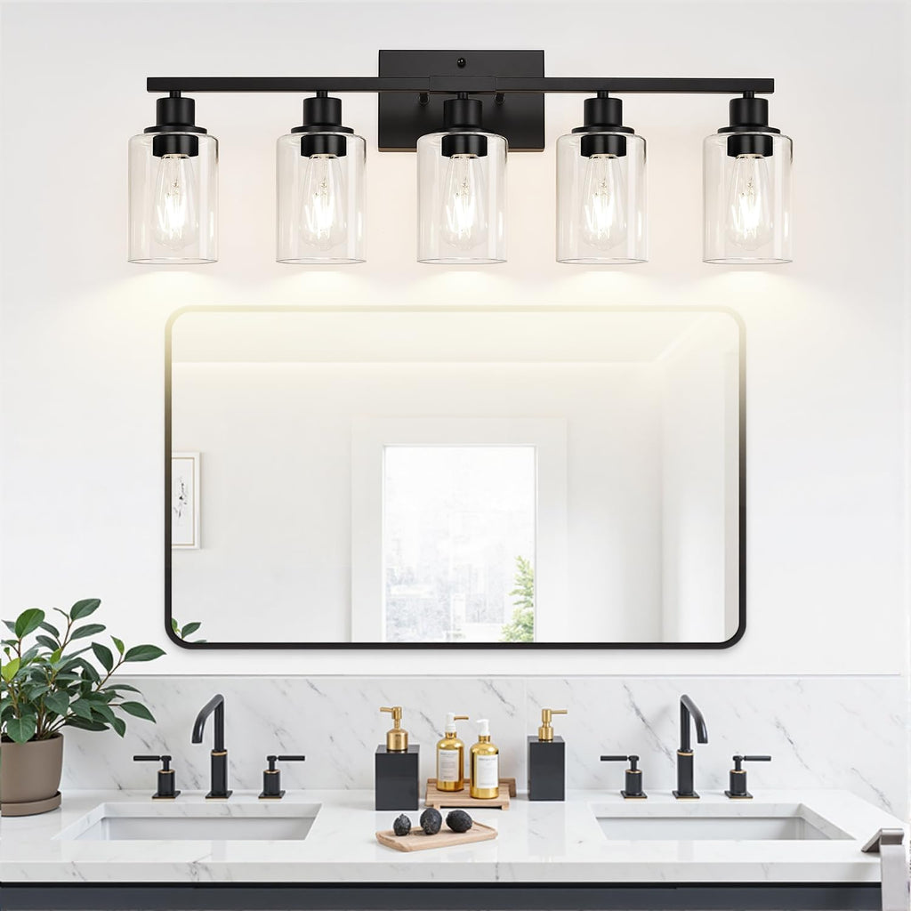 5-Light Bathroom Light Fixtures, Matte Black Modern Vanity Lights with Clear Glass Shades, Bathroom Vanity Light for Mirror Living Room Cabinet Bedroom Porch