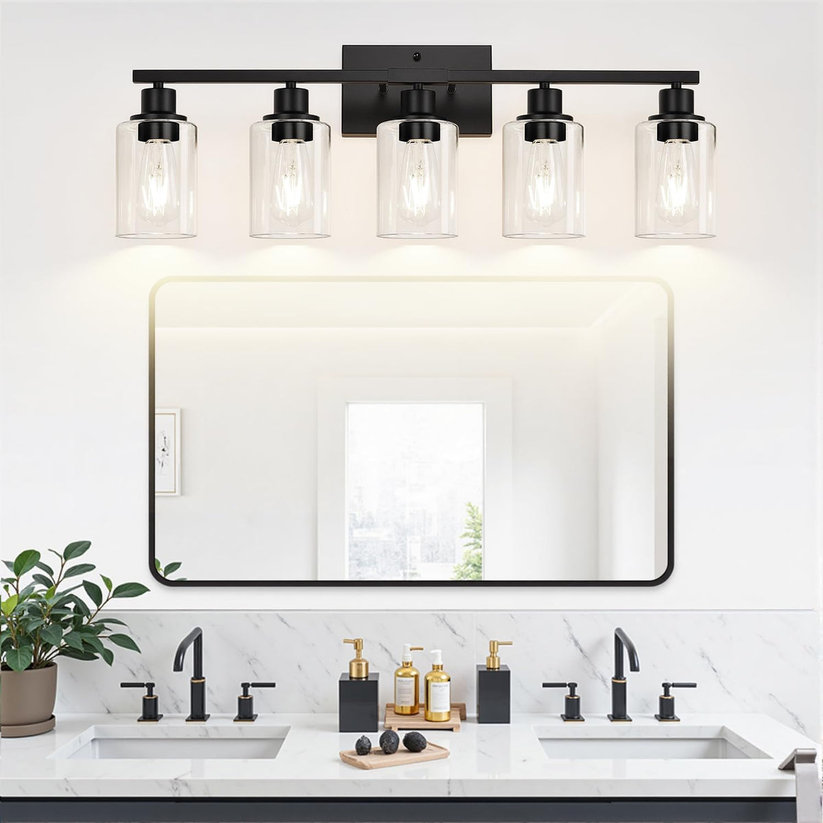 5-Light Bathroom Light Fixtures, Matte Black Modern Vanity Lights with Clear Glass Shades, Bathroom Vanity Light for Mirror Living Room Cabinet Bedroom Porch