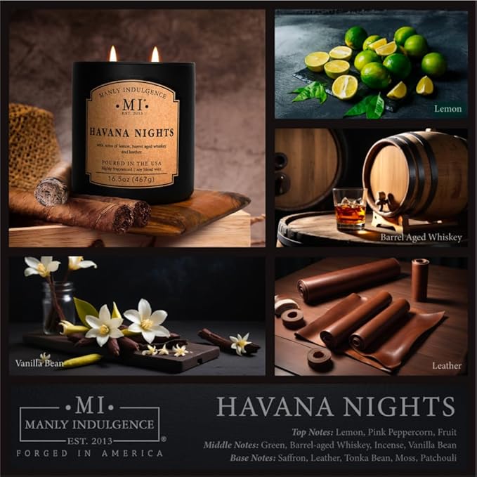 Manly Indulgence Havana Nights Scented Candles for Men, 2 Wick, 16.5 oz, Premium Soy Blend Wax, 60H Burn, Candles for Home Scented - Made in The USA