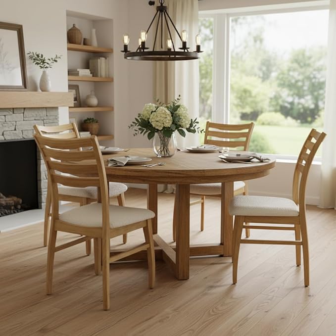 DUOMAY Farmhouse Dining Chairs Set of 4, Fur White Upholstered Side Chairs Solid Wood Ladder Back Kitchen Chairs for Home Dining Room, Light Browm Frame