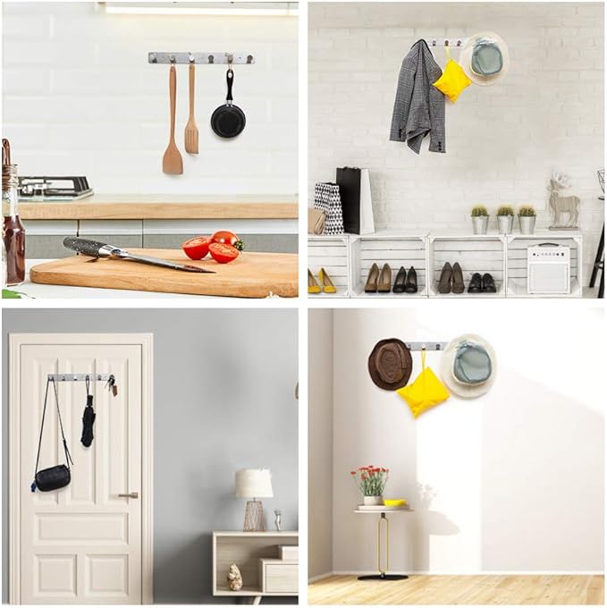 Coat Rack Wall Mounted Adhesive & Screw in, Stainless Steel Metal Coat Hooks for Door, Hook Rail with 6 Round Hangers for Hanging Hat Towels Clothes, Silver