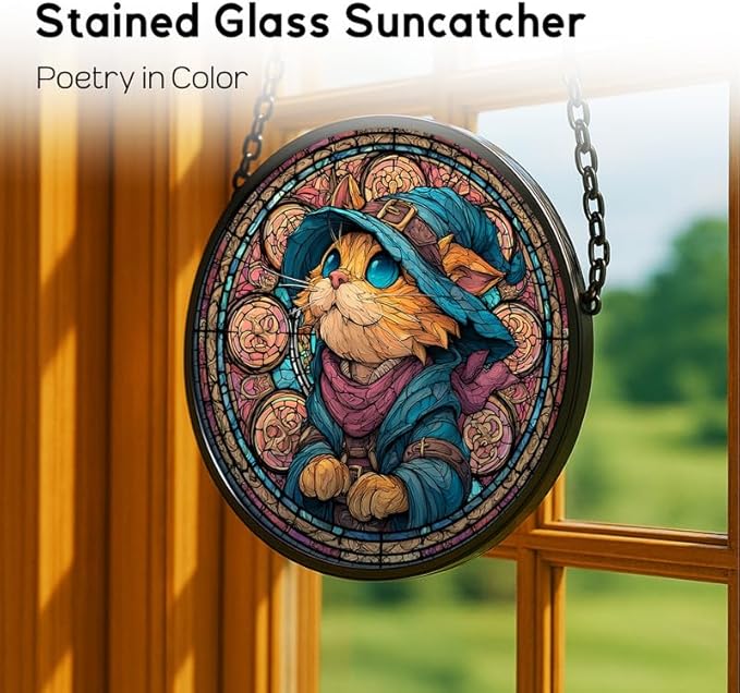 Stained Glass Window Hanging， Wizard Cat 11.8in Sun Catchers Indoor Window， Core Decor Inside and Outside The Cottage， Cute Feline Stained Glass Art， Unique Home Decor， Gifts for Women
