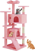 Sweetcrispy 54 Inch Cat Tree Tower, Multi-Level with Cat Scratching Post, Indoor Cat Condo with Climbing Ladder, Plush Toy, Play House for Cat, Pink